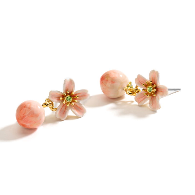 Pink Peach And Flower Enamel Earrings