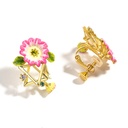 Pink Flower And Crystal Enamel Earrings