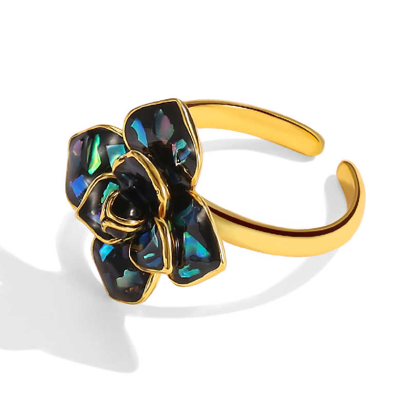 Camellia Flower Black Enamel Ring