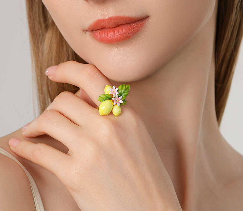 Lemon Flower Blossom Enamel Adjustable Ring