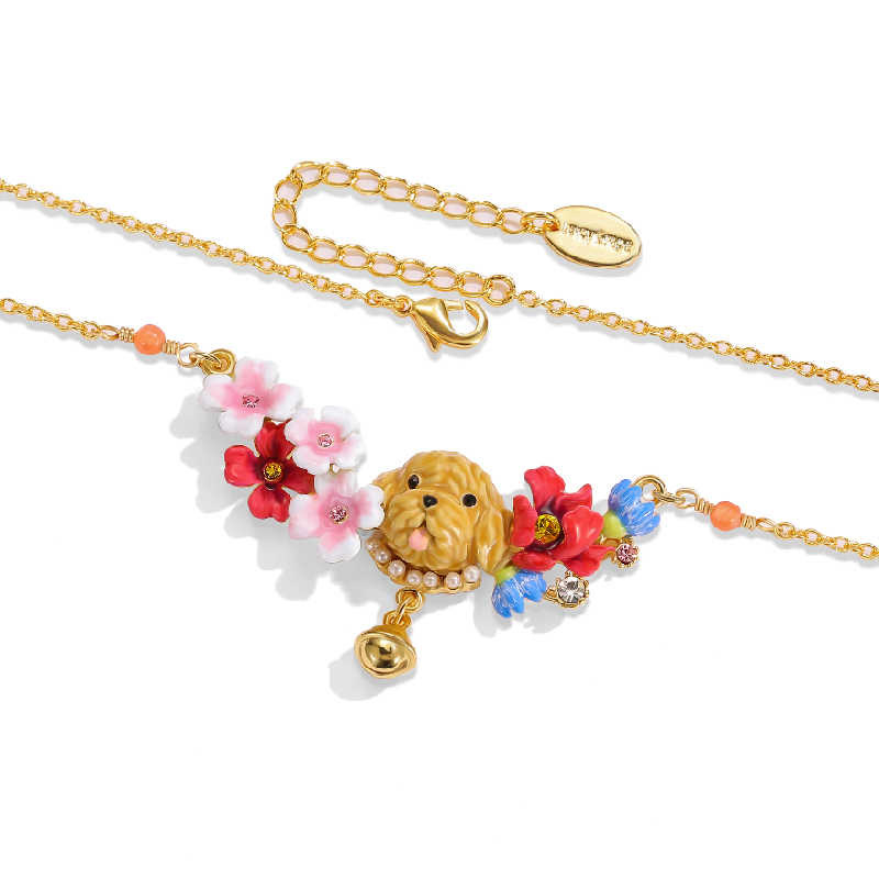 Cute Puppy And Flower Blossom Enamel Pendant Necklace