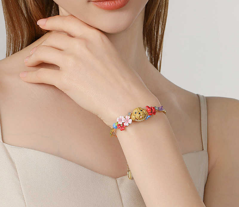 Cute Puppy And Flower Blossom Enamel Bangle Chain Bracelet