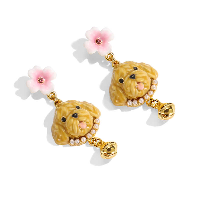 Cute Puppy With Flower Bell Enamel Dangle Stud Earrings