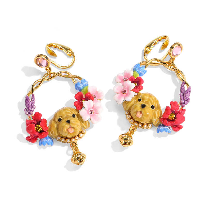 Cute Puppy With Flower Blossom Bell Enamel Hoop Dangle Earrings