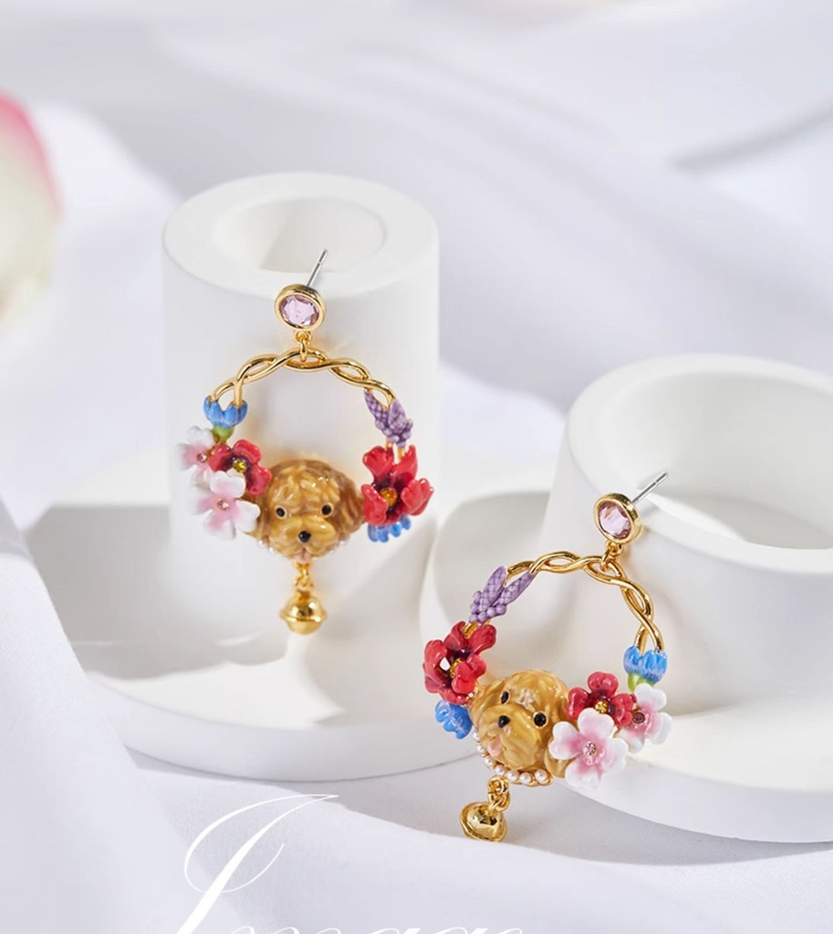 Cute Puppy With Flower Blossom Bell Enamel Hoop Dangle Earrings