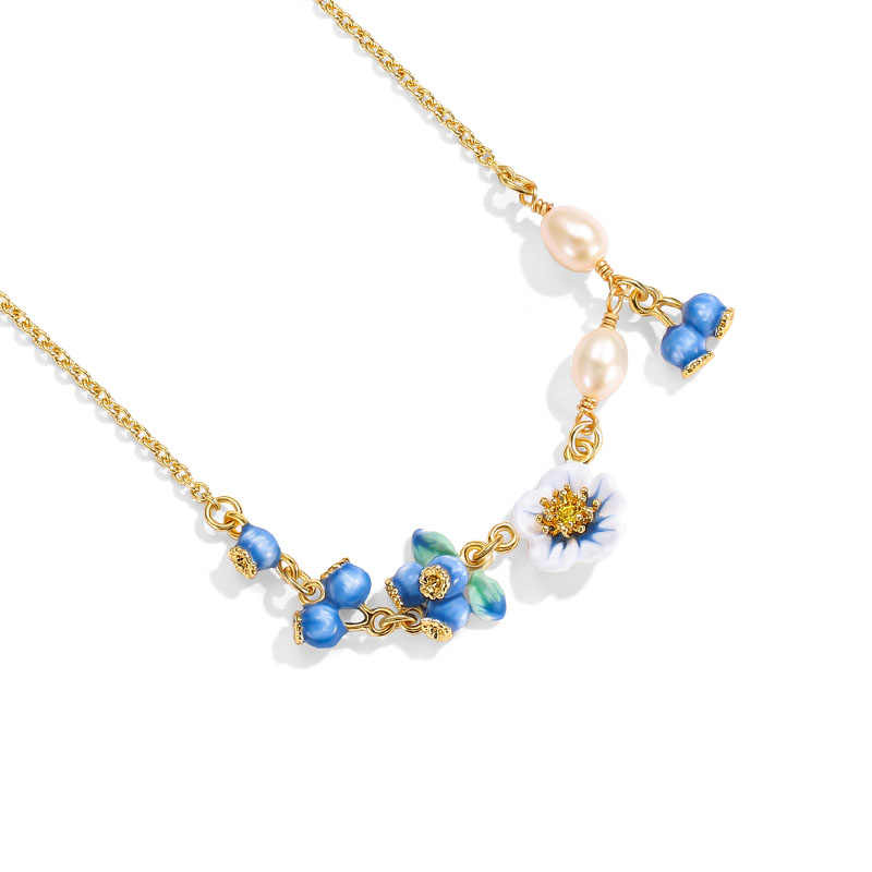 Blueberry Flower Pearl Enamel Chain Necklace