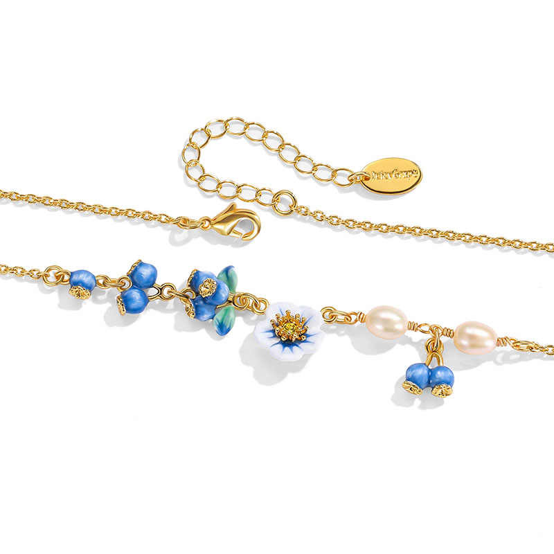 Blueberry Flower Pearl Enamel Chain Necklace