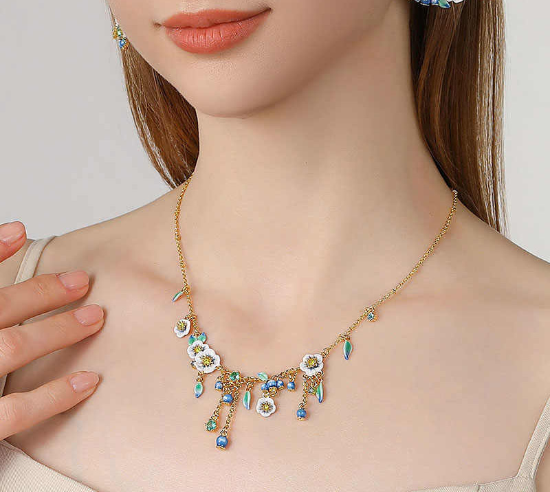 Blueberry Flower Zircon Enamel Chain Tassel Necklace