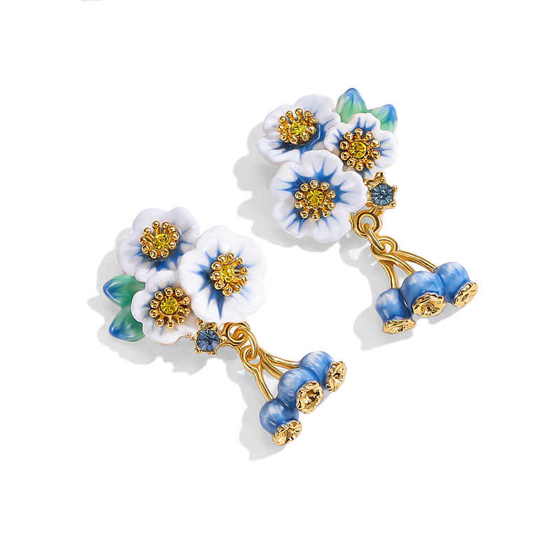 Flower With Blueberry Enamel Dangle Stud Earrings