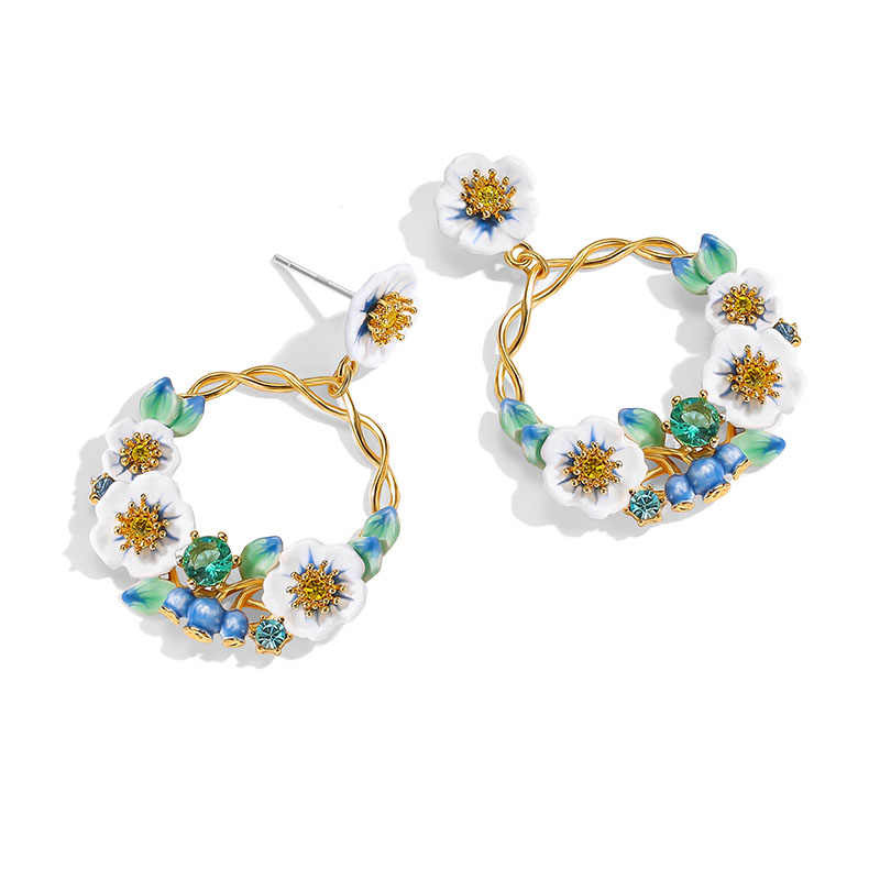 Flower And Blueberry Enamel Dangle Hoop Stud Earrings