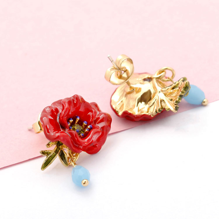 Red Peony Water Drop Enamel Earrings Jewelry Stud Clip Earrings