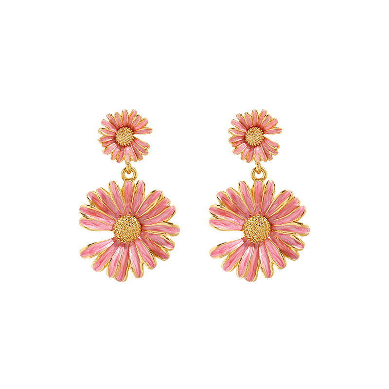 Pink Daisy Flower Enamel Stud Dangle Flower