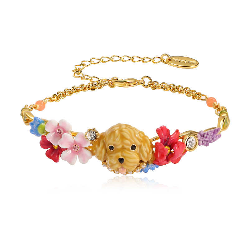 Cute Puppy And Flower Blossom Enamel Bangle Chain Bracelet