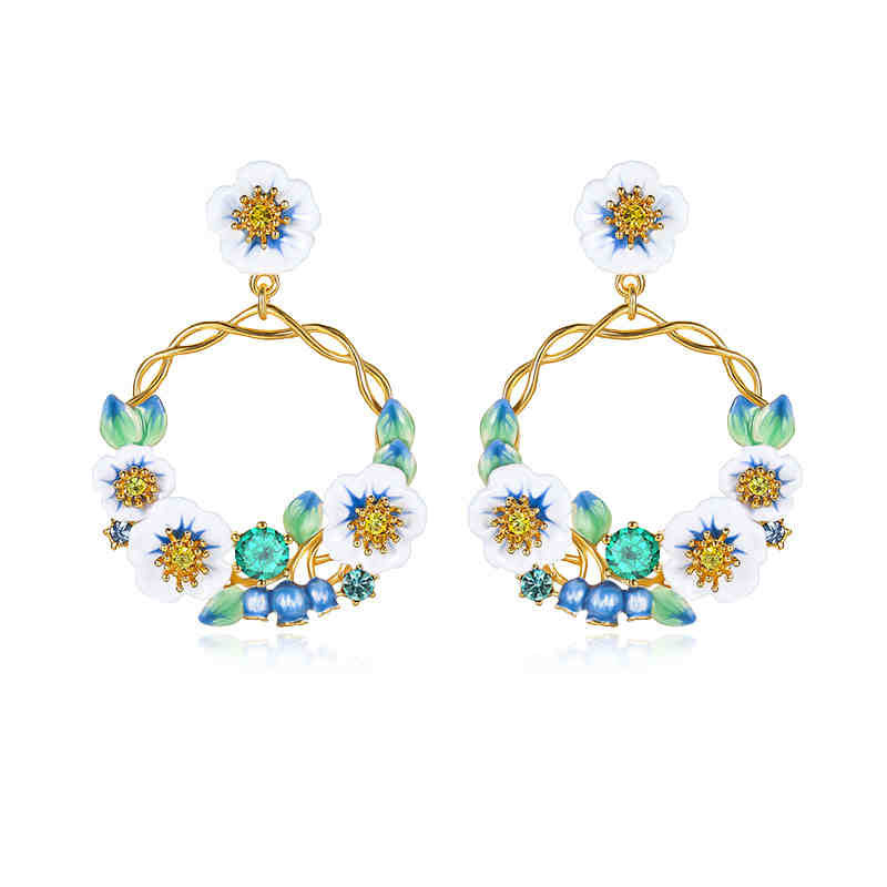 Flower And Blueberry Enamel Dangle Hoop Stud Earrings