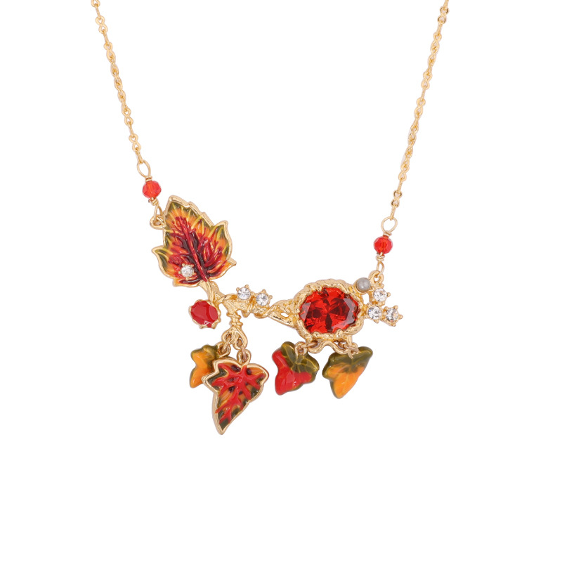 Maple Leaf And Crystal Enamel Necklace Jewelry Gift