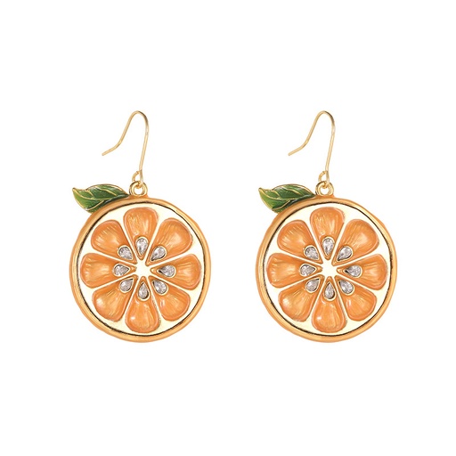 Orange Lemon Slice With Zircon And Leaf Enamel Hook Earrings