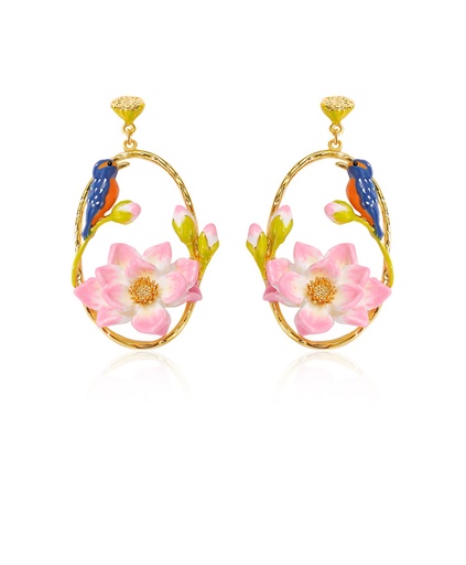 Kingfisher Bird And Lotus Enamel Hoop Stud Dangle Earrings Handmade Jewelry Gift
