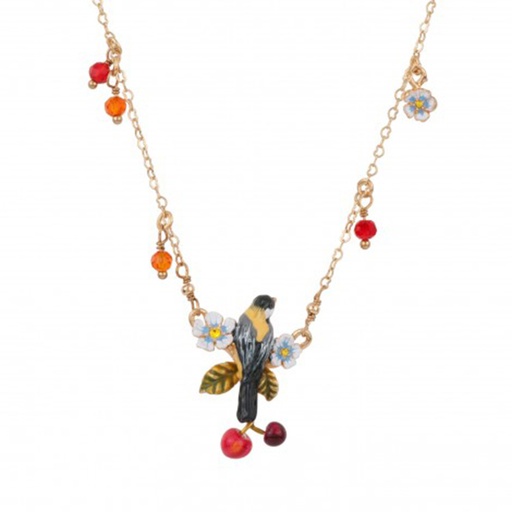 Oriole Bird Cherry Enamel Pendant Necklace