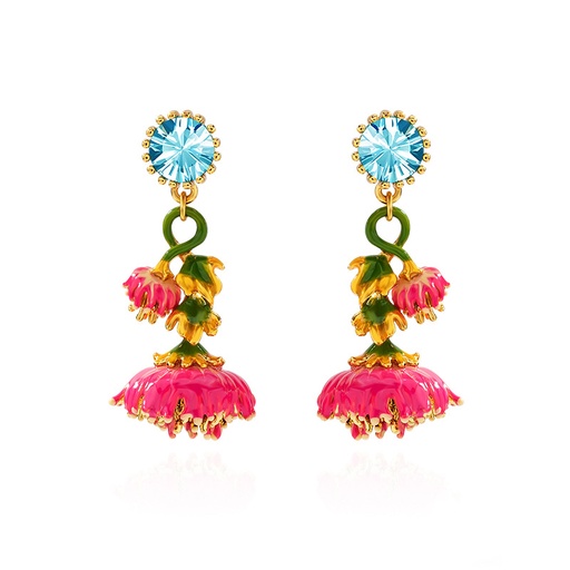 Pink Flower And Crystal Enamel Dangle Earrings Jewelry Gift